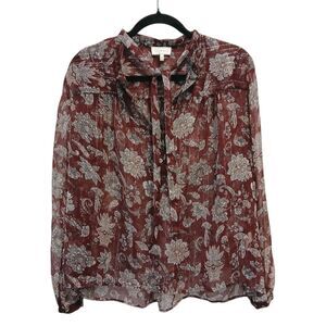 Lucky Brand Metallic Sheer Long Sleeve Boho Top ‎ Women's Size Medium Tie Floral